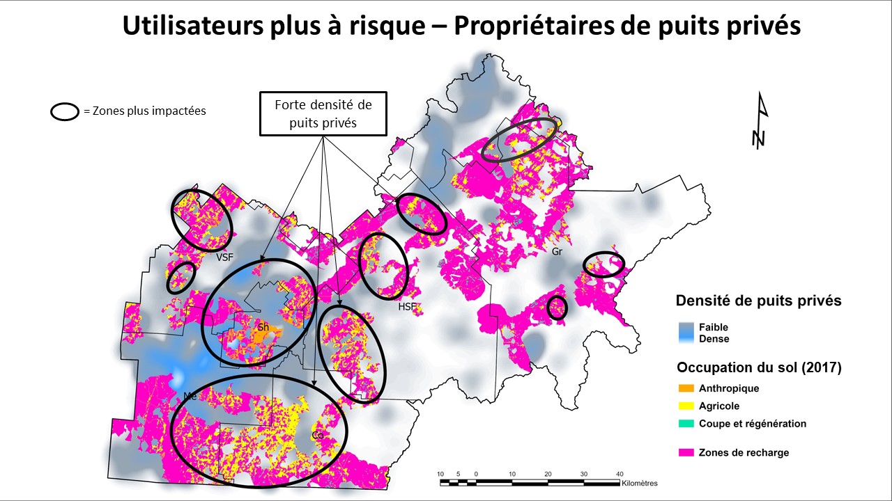 Image 2 : Carte illustrant la vulnérabilité des eaux souterraines de l'Estrie. Crédit image : Renaud Delisle, étudiant à la maitrise en ATDR, direction : Roxane Lavoie. 